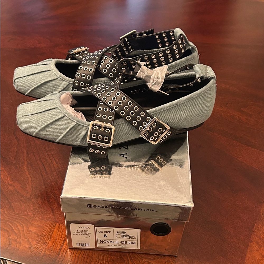 AKIRA Light Gray Denim Buckle Flats